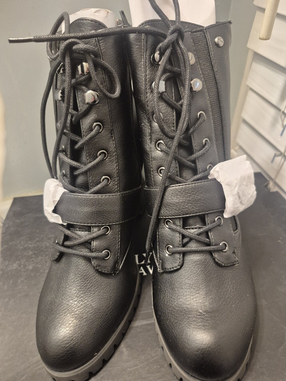 Vera Wang Black Lace-Up Combat Boots with Ankle Strap